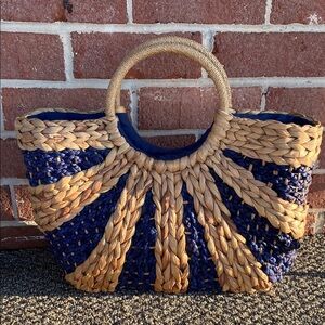 Woven Straw Tote Bag with Navy Accent
